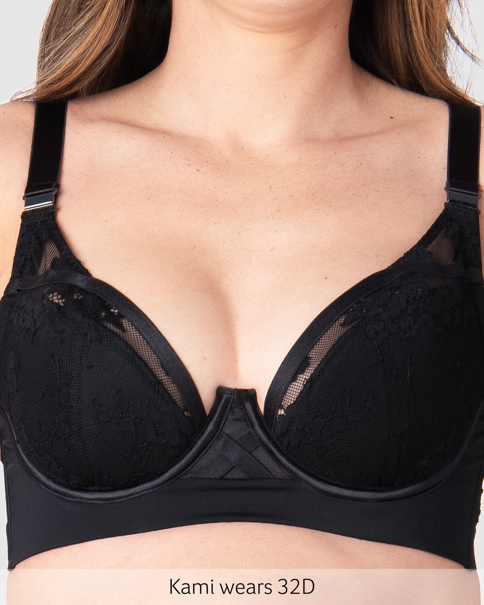 Close up of Goddess flexi underwire plunge nursing bra in Black