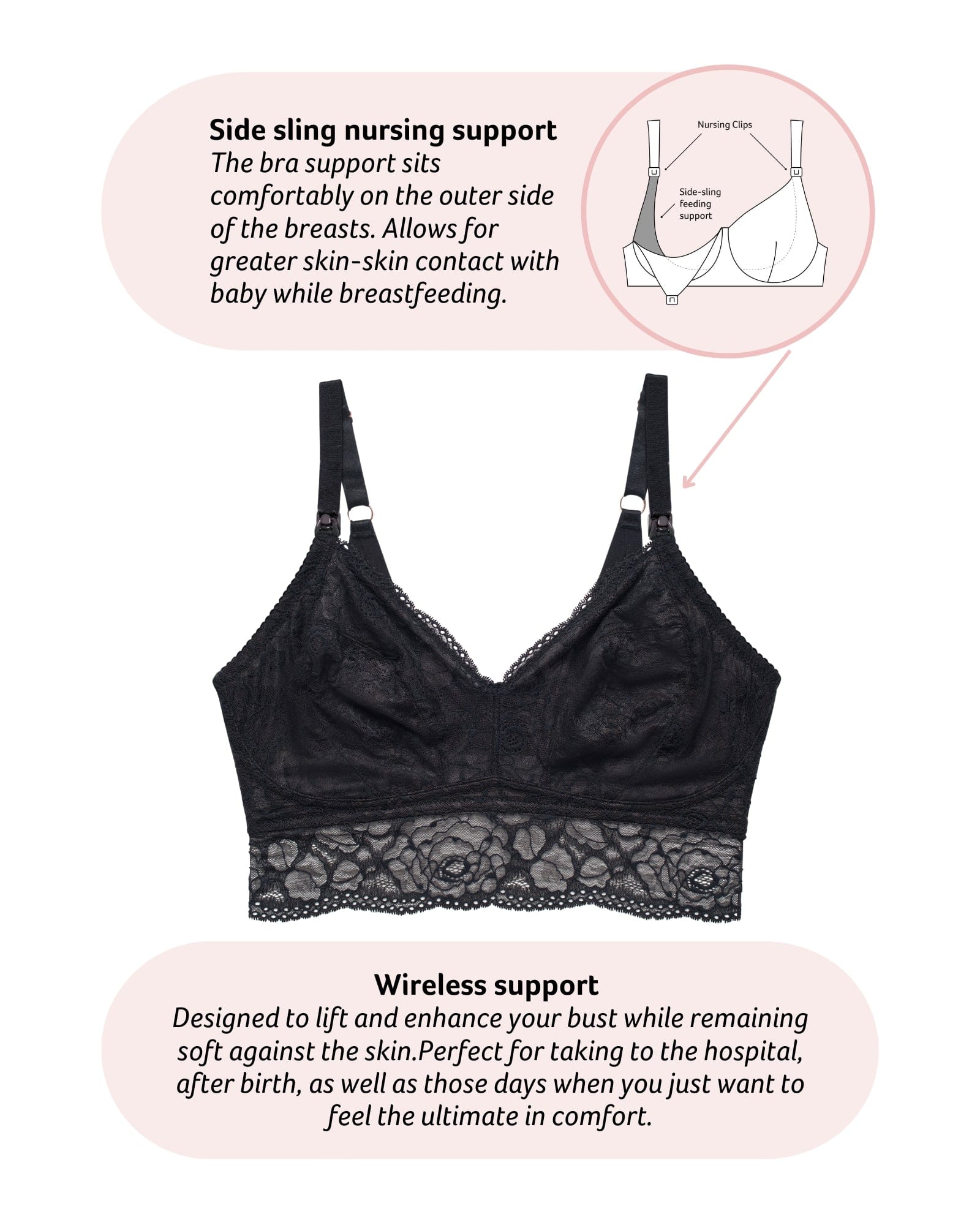 Technical features on Heroine Wirefree Nursing Bralette in Black